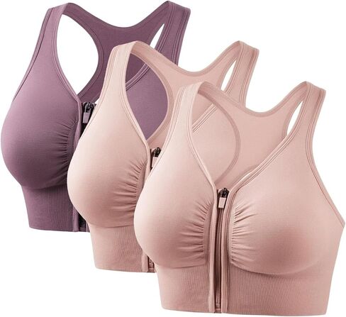 3Pc Sports Bra for Women Zip Front Closure High Impact Support Padded Racerback Workout Bra Plus Size Gym Activewear in Saudi Arabia