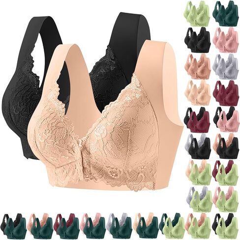 2 Pack Daisy Bras for Older Women Front Closure No Underwire Lace Padded Bras Full Coverage Seamless Push Up Bralette in Saudi Arabia