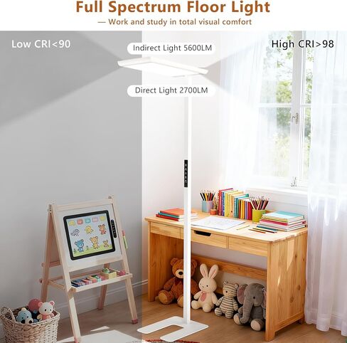 مصباح أرضي LED بقدرة 108 وات، مصباح قراءة كامل الطيف للعناية بالعين بقدرة 8300 لومن، ضوء قائم طويل القامة قابل للتعتيم بطول 77 بوصة، ضوء نهاري طبيعي 4000 كلفن لغرفة المعيشة وغرفة الدراسة والمكتب، CRI>98، أبيض in Kuwait