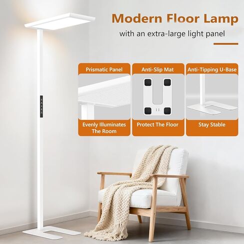مصباح أرضي LED بقدرة 108 وات، مصباح قراءة كامل الطيف للعناية بالعين بقدرة 8300 لومن، ضوء قائم طويل القامة قابل للتعتيم بطول 77 بوصة، ضوء نهاري طبيعي 4000 كلفن لغرفة المعيشة وغرفة الدراسة والمكتب، CRI>98، أبيض in Kuwait