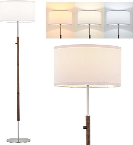 مصباح أرضي قابل للتعتيم من ELYONA مصنوع من خشب الجوز والنيكل المصقول ومصباح قائم في منتصف القرن الحديث مع غطاء من القماش الأبيض ومفتاح دوار لغرفة المعيشة وغرفة النوم والمكتب، يتضمن لمبة LED in Kuwait