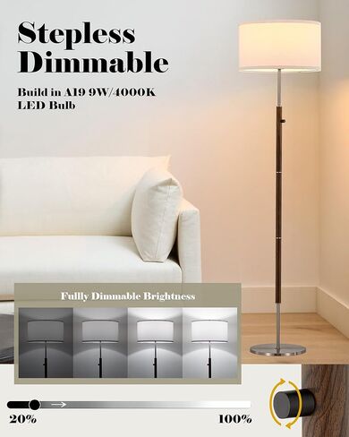 مصباح أرضي قابل للتعتيم من ELYONA مصنوع من خشب الجوز والنيكل المصقول ومصباح قائم في منتصف القرن الحديث مع غطاء من القماش الأبيض ومفتاح دوار لغرفة المعيشة وغرفة النوم والمكتب، يتضمن لمبة LED in Kuwait