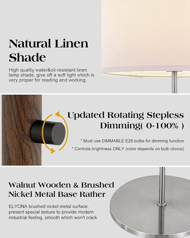 مصباح أرضي قابل للتعتيم من ELYONA مصنوع من خشب الجوز والنيكل المصقول ومصباح قائم في منتصف القرن الحديث مع غطاء من القماش الأبيض ومفتاح دوار لغرفة المعيشة وغرفة النوم والمكتب، يتضمن لمبة LED in Kuwait