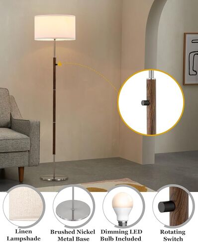 مصباح أرضي قابل للتعتيم من ELYONA مصنوع من خشب الجوز والنيكل المصقول ومصباح قائم في منتصف القرن الحديث مع غطاء من القماش الأبيض ومفتاح دوار لغرفة المعيشة وغرفة النوم والمكتب، يتضمن لمبة LED in Kuwait