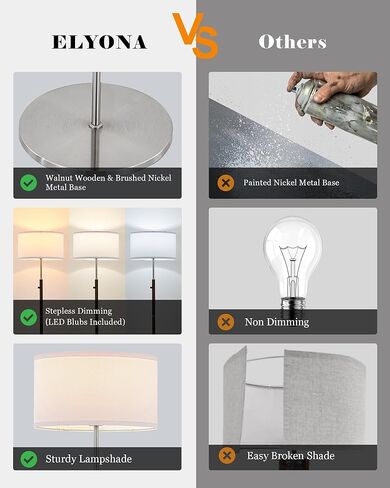 مصباح أرضي قابل للتعتيم من ELYONA مصنوع من خشب الجوز والنيكل المصقول ومصباح قائم في منتصف القرن الحديث مع غطاء من القماش الأبيض ومفتاح دوار لغرفة المعيشة وغرفة النوم والمكتب، يتضمن لمبة LED in Kuwait