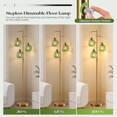 QiMH Glass Floor Lamps for Living Room, Modern Standing Lamp with Stepless Dimmable, 68" Tall Lamps for Bedroom Home Office, Rotary Switch, 3 LED Bulb Included, Brushed Gold Green in Kuwait