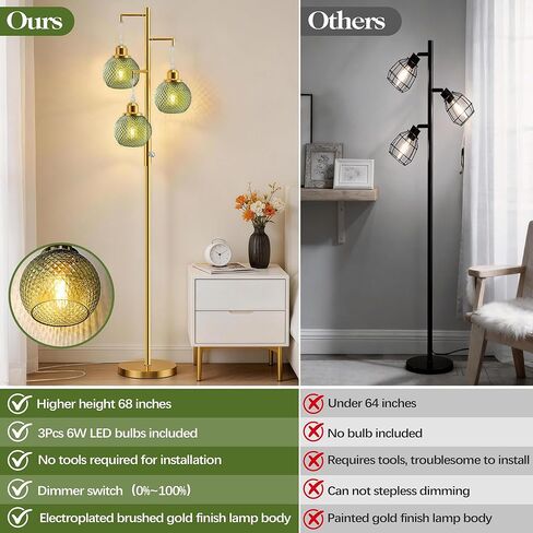 QiMH Glass Floor Lamps for Living Room, Modern Standing Lamp with Stepless Dimmable, 68" Tall Lamps for Bedroom Home Office, Rotary Switch, 3 LED Bulb Included, Brushed Gold Green in Kuwait