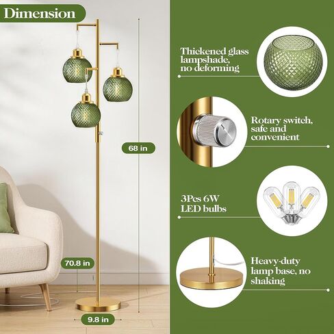 QiMH Glass Floor Lamps for Living Room, Modern Standing Lamp with Stepless Dimmable, 68" Tall Lamps for Bedroom Home Office, Rotary Switch, 3 LED Bulb Included, Brushed Gold Green in Kuwait