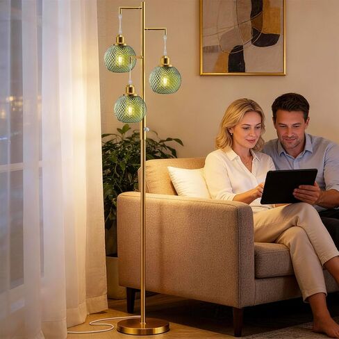 QiMH Glass Floor Lamps for Living Room, Modern Standing Lamp with Stepless Dimmable, 68" Tall Lamps for Bedroom Home Office, Rotary Switch, 3 LED Bulb Included, Brushed Gold Green in Kuwait