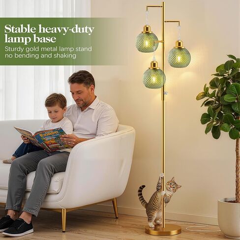 QiMH Glass Floor Lamps for Living Room, Modern Standing Lamp with Stepless Dimmable, 68" Tall Lamps for Bedroom Home Office, Rotary Switch, 3 LED Bulb Included, Brushed Gold Green in Kuwait