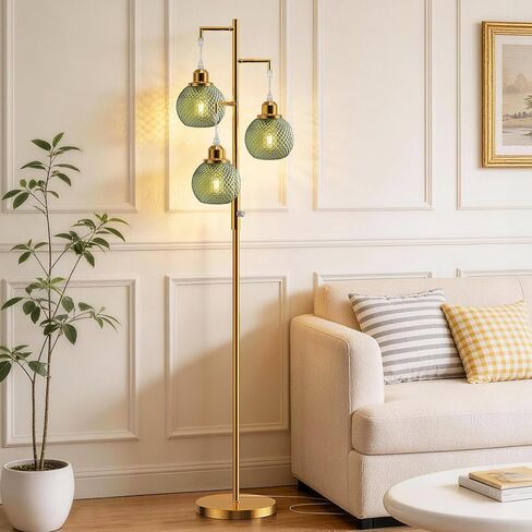 QiMH Glass Floor Lamps for Living Room, Modern Standing Lamp with Stepless Dimmable, 68" Tall Lamps for Bedroom Home Office, Rotary Switch, 3 LED Bulb Included, Brushed Gold Green in Kuwait