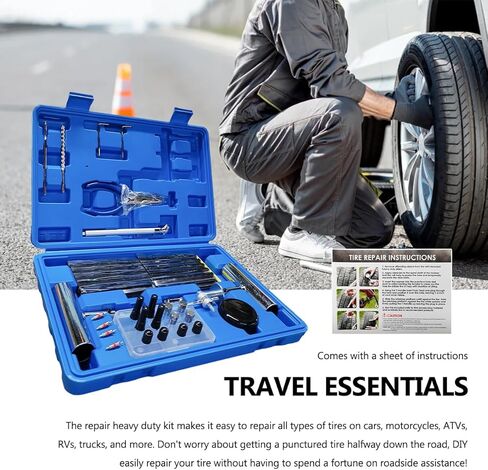 68 PCS Tire Repair Kit, Heavy Duty Tire Repair Tool Set to Fix Punctures & Plug Flats, Universal Puncture Patch Kit for Car Motorcycle Truck Tractor ATV RV Trailer in Kuwait