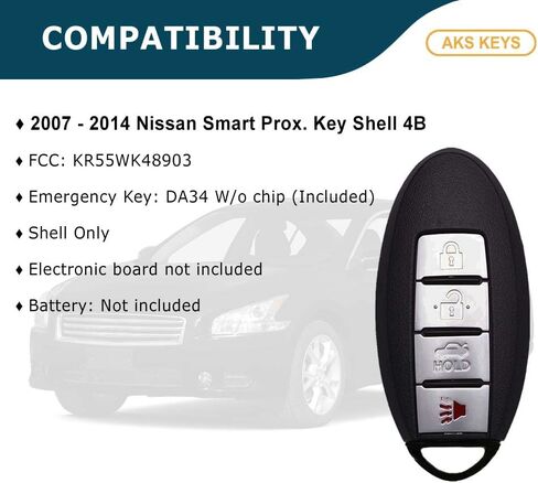 Replacement for Nissan Smart Prox. Key Shell 4 Buttons Fits for FCC ID KR55WK48903 Compatible with 2007-2012 - Altima and 2008-2014 - Maxima. Shell only, Electronic Board not Included (1) in Saudi Arabia