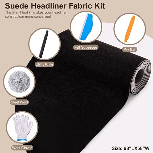 Suede Headliner Fabric 98" L × 58" W with Foam Backing, Tubular Packaging with 5-Piece Headliner Tool Kit, Black Interior Replacement Material for Car/SUV/MPV/Truck Roof and Home DIY in Saudi Arabia