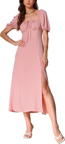 Allegra K Split Long Dress for Women's Square Neck Tie Front Puff Sleeve Dresses in Saudi Arabia
