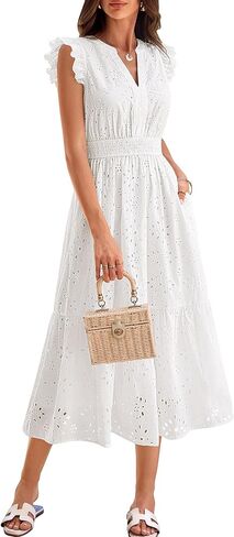 GRACE KARIN Womens Summer Boho Maxi Dress Casual 2026 Spring V Neck Eyelet Dresses Flowy Vacation Beach Sundress with Pockets in Saudi Arabia
