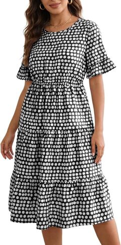 لوز البولكا نقطة فستان للنساء الصيف قصيرة كشكش كم عادية شبه رسمية تناسب الكنيسة الزفاف ضيف العمل فساتين متوسطة الطول in Kuwait