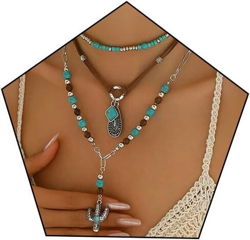 القلائد الفضية ذات الطبقات مكتنزة للنساء بوهو الفيروز مطرز الرقبة الغربية البلاد حفلة موسيقية المكدس العصرية حدوة الحصان الصبار قلادة الشاطئ المجوهرات هدية لراعية البقر in Kuwait