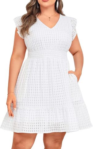 Women's Plus Size Summer Dress - Casual V-Neck Flutter Sleeves A-Line Short Sun Dress with Pockets for Beach Vacation in Kuwait
