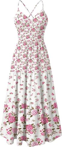 فستان نسائي طويل من Sunny Spirit موضة 2026 لربيع وصيف 2026 فستان صيفي بوهو فلوي بحمالات رفيعة وفتحة رقبة على شكل V فساتين طويلة متدرجة in Kuwait