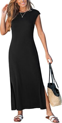 CUPSHE Women Summer Dress Round Neck Sleeveless Beach Vacation Maxi Dress Side Slit Casual Midi Sun Dress with Pockets in Saudi Arabia
