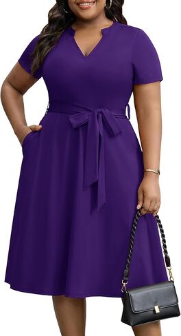 CLOCOR Plus Size Dress for Women - Casual Summer V Neck A-Line Church Cocktail Party Wedding Guest Midi Dresses with Belt in Kuwait