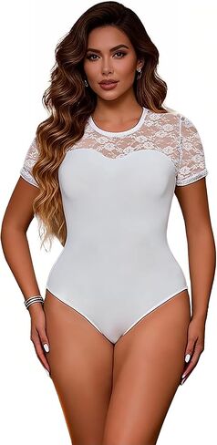 Lace Bodysuit Short Sleeve Leotards for Women Sexy Body Suit Tops Openable Crotch Plus Size S-2XL in Kuwait