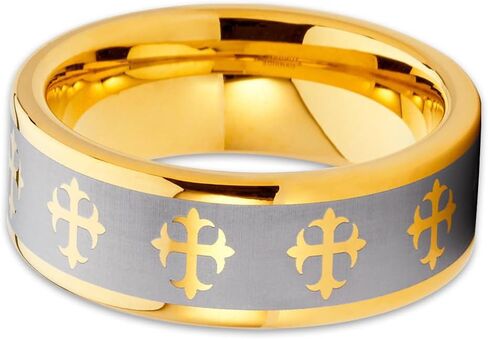 سخيفة الملوك 8mm الذهب الأصفر كربيد التنغستن خاتم الزواج الصليب خاتم الزواج الدينية in Kuwait