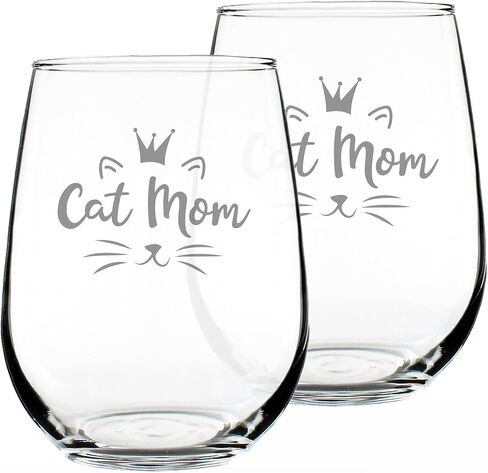 Cat Mom - Stemless Wine Glass Gift - Cute Gifts for Cat Lady - Large 17 Ounce in Saudi Arabia