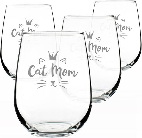 Cat Mom - Stemless Wine Glass Gift - Cute Gifts for Cat Lady - Large 17 Ounce in Saudi Arabia