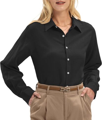 قمصان كتان للنساء ذات مقاس عادي من اللايوسيل وأكمام طويلة، قمصان كاجوال بياقة قابلة للتنفس، مناسبة للعمل in Kuwait