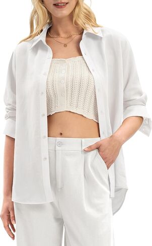 Linen Shirts for Women Regular Fit Lyocell Long Sleeve Casual Collared Tops Breathable Work Business in Saudi Arabia