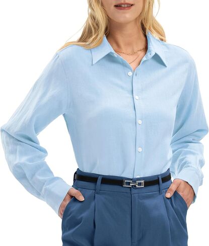 Linen Shirts for Women Regular Fit Lyocell Long Sleeve Casual Collared Tops Breathable Work Business in Saudi Arabia