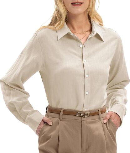 Linen Shirts for Women Regular Fit Lyocell Long Sleeve Casual Collared Tops Breathable Work Business in Saudi Arabia
