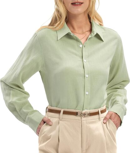 Linen Shirts for Women Regular Fit Lyocell Long Sleeve Casual Collared Tops Breathable Work Business in Saudi Arabia