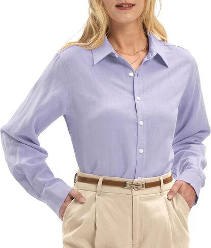 Linen Shirts for Women Regular Fit Lyocell Long Sleeve Casual Collared Tops Breathable Work Business in Saudi Arabia
