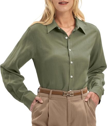 Linen Shirts for Women Regular Fit Lyocell Long Sleeve Casual Collared Tops Breathable Work Business in Saudi Arabia