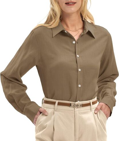 Linen Shirts for Women Regular Fit Lyocell Long Sleeve Casual Collared Tops Breathable Work Business in Saudi Arabia