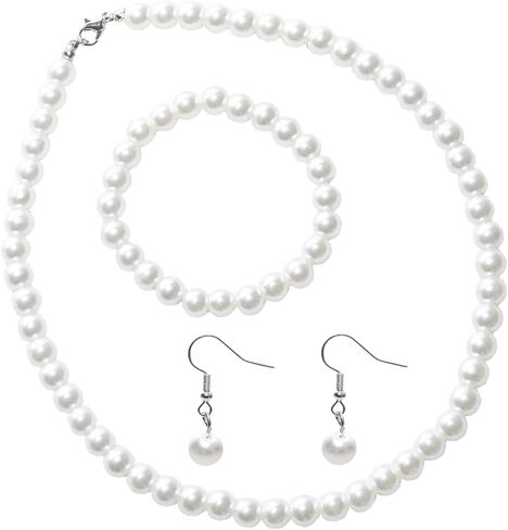 3PCS Pearl Jewelry Set for Women, Faux Pearl Necklace Bracelet Earrings Set, Round Pearl Costume Accessories for Brides Wedding Gift in Saudi Arabia