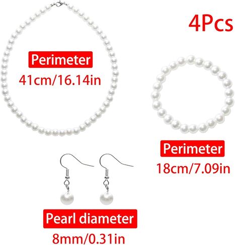 3PCS Pearl Jewelry Set for Women, Faux Pearl Necklace Bracelet Earrings Set, Round Pearl Costume Accessories for Brides Wedding Gift in Saudi Arabia