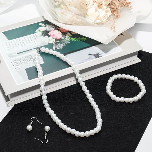 3PCS Pearl Jewelry Set for Women, Faux Pearl Necklace Bracelet Earrings Set, Round Pearl Costume Accessories for Brides Wedding Gift in Saudi Arabia