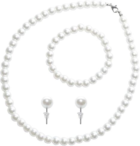 3PCS Pearl Jewelry Set for Women, Faux Pearl Necklace Bracelet Earrings Set, Round Pearl Costume Accessories for Brides Wedding Gift in Kuwait