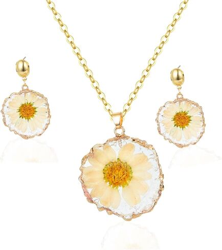 la luen Yellow Pressed Daisy Sunflower Jewelry Sets,Boho Handmade Dried Flower Double Sided Necklace Earrings for Women Gifts in Kuwait
