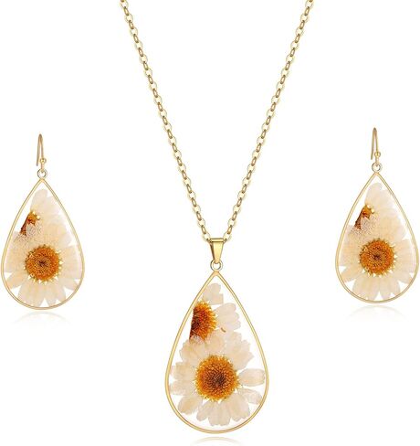 la luen Yellow Pressed Daisy Sunflower Jewelry Sets,Boho Handmade Dried Flower Double Sided Necklace Earrings for Women Gifts in Saudi Arabia