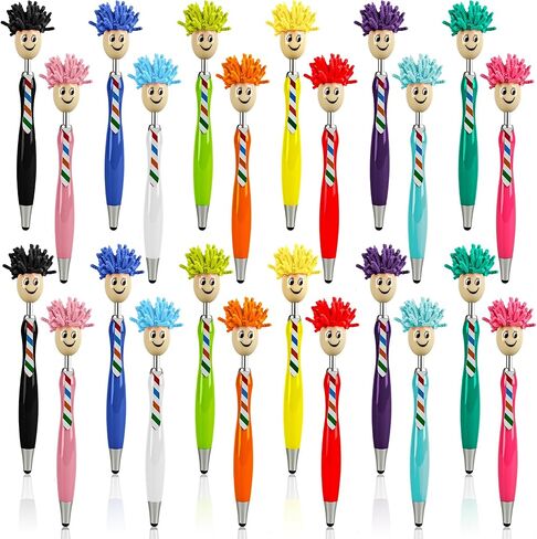 24 Pcs Mop Head Pens Plush Hair Head Ballpoint Funny Office Writing Click Mophea Topper Pens Cute Cartoon Signing Pen Stylus Touch Screen Gift for Afro Kids Adult with Smile in Kuwait