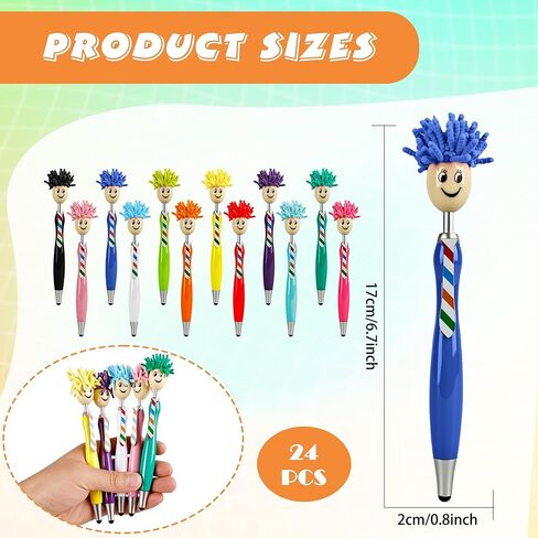 24 Pcs Mop Head Pens Plush Hair Head Ballpoint Funny Office Writing Click Mophea Topper Pens Cute Cartoon Signing Pen Stylus Touch Screen Gift for Afro Kids Adult with Smile in Kuwait