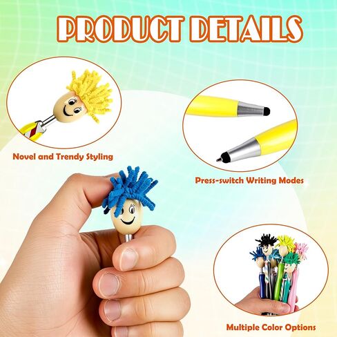 24 Pcs Mop Head Pens Plush Hair Head Ballpoint Funny Office Writing Click Mophea Topper Pens Cute Cartoon Signing Pen Stylus Touch Screen Gift for Afro Kids Adult with Smile in Kuwait