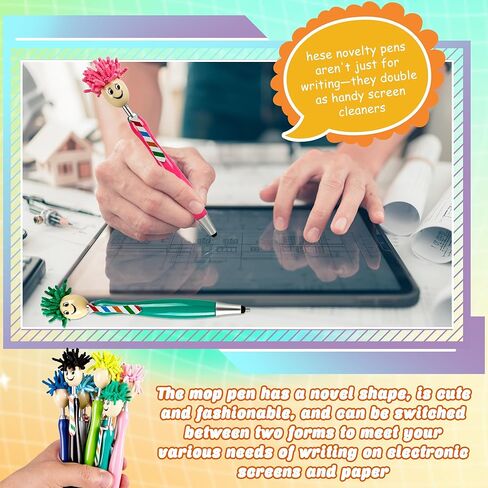 24 Pcs Mop Head Pens Plush Hair Head Ballpoint Funny Office Writing Click Mophea Topper Pens Cute Cartoon Signing Pen Stylus Touch Screen Gift for Afro Kids Adult with Smile in Kuwait