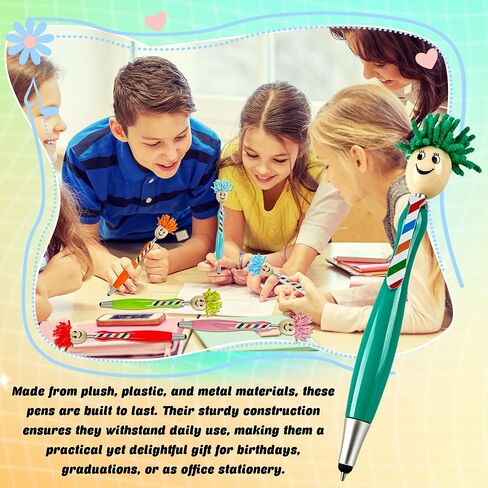24 Pcs Mop Head Pens Plush Hair Head Ballpoint Funny Office Writing Click Mophea Topper Pens Cute Cartoon Signing Pen Stylus Touch Screen Gift for Afro Kids Adult with Smile in Kuwait