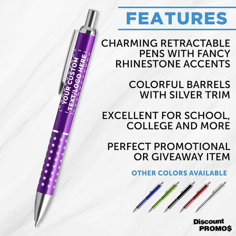 DISCOUNT PROMOS Personalized Retractable Rhinestone Accent Pens Set of 10/50/100, Bulk Plastic Pens Customizable Text Logo - Purple in Kuwait